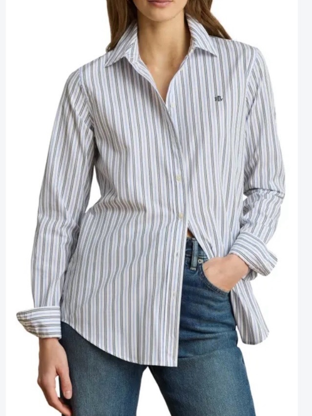 Ralph Lauren White Button-Down Shirt with Blue & Gray Stripes